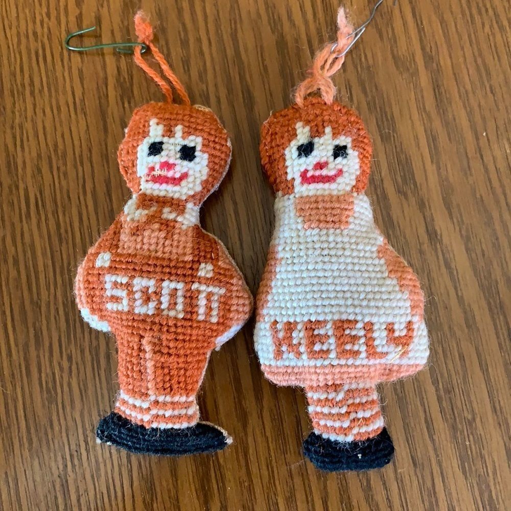 Vtg needlepoint Raggedy Ann & Andy Christmas ornaments